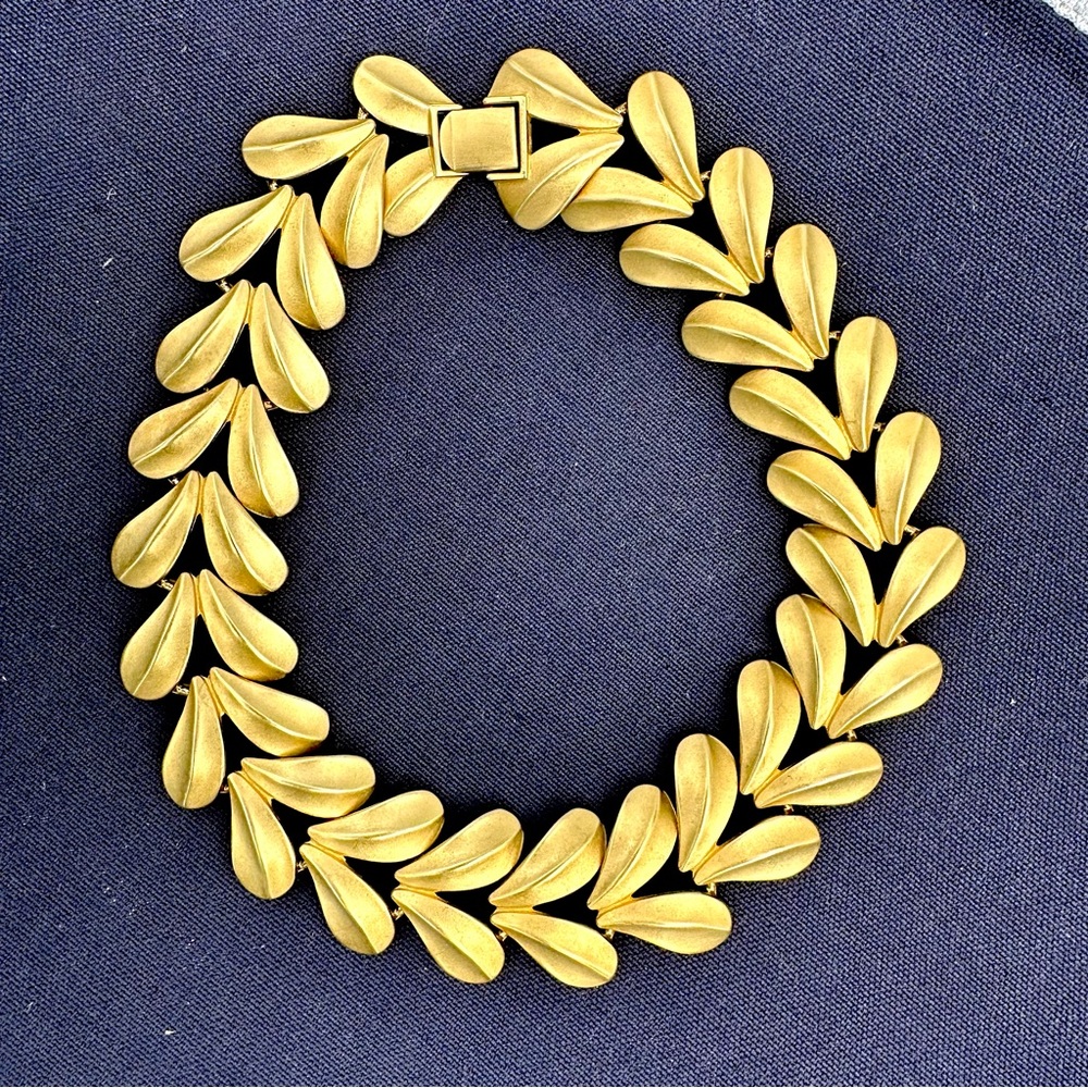 Vintage Erwin Pearl 1980s Leaf Form Chunky Brushed Gold Tone Collar Necklace